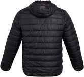 Men's black bubble puffer jacket with hood, packable and stylish for winter wear, ideal for boxing and fitness enthusiasts.